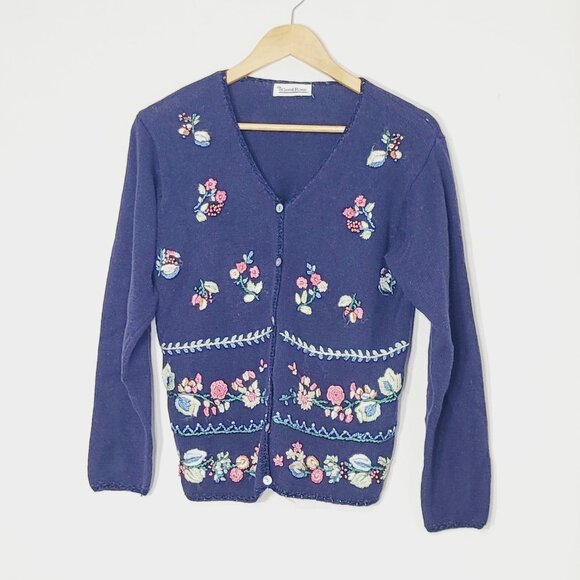 Carol Rose Vintage Navy Blue Knit Cardigan Floral Embroidery Grandma Cottagecore - Picture 2 of 12